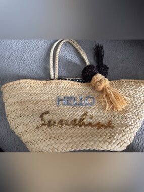 Woven Straw Tote Bag in Natural with Pom Tassels